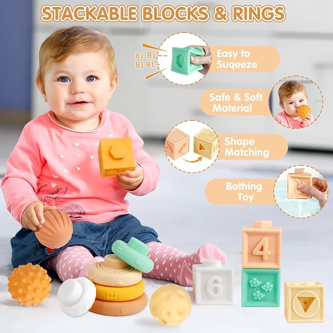 6-in-1 Montessori Baby Toy Set with Musical Instruments Toddler Baby Gift | Wooden xylophone with 2 sticks, maraca and clarinet; 6 soft blocks, 5 stacking rings, 3 sensory balls; music and sensory play