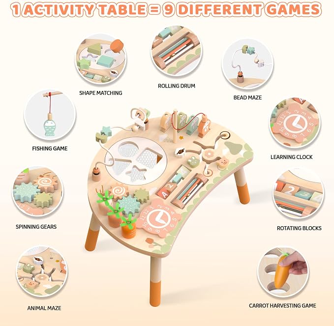 Wooden Activity Table for Toddlers, 9 in 1 Montessori Toy | Sensory Learning, Bead Maze, Shape Sorter, Fishing Game, Spinning Gears, Wood, CPSIA Certified, Gift for Boys Girls