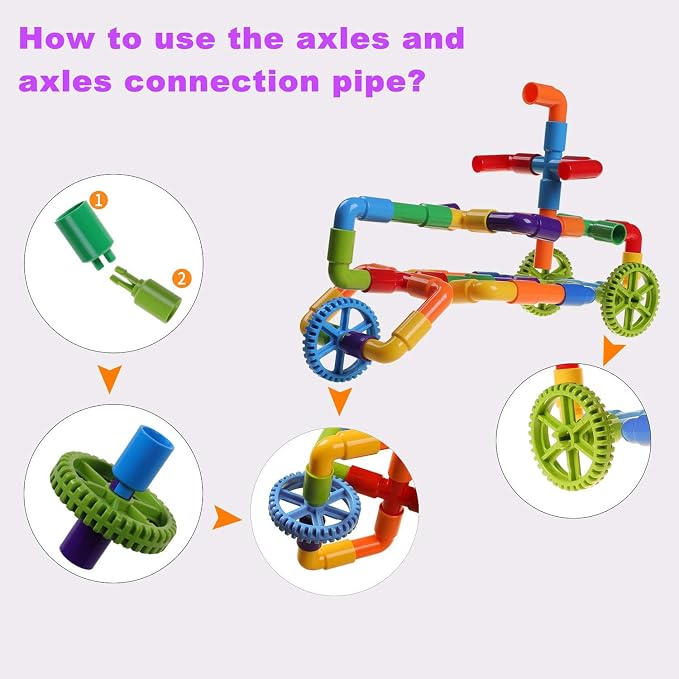 burgkidz STEM Tube Building Set: 188 Pcs Build Cars w/Wheels & Tub | Build cars, planes, houses & more: 162 tubes, 24 wheels, 2 baseplates. Compatible w/ major brands. Guide & tub included