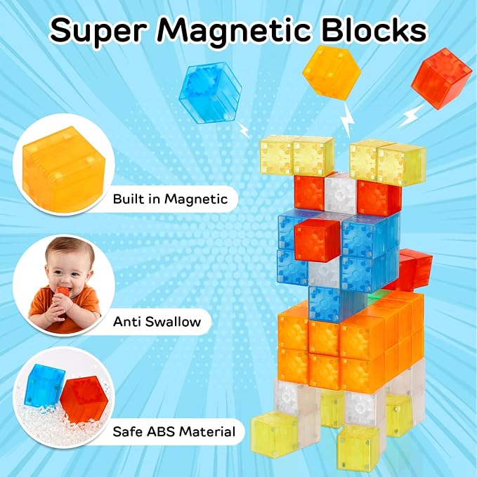 TOY Life Translucent Magnetic Blocks, 36-Piece STEM Set, Ages 3-8 | rainbow-clear cubes, smooth ABS plastic, strong connections, tower and shape play