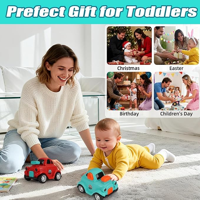 Inertial Push and Go Cartoon Car Toys for Toddlers Baby | Friction Powered Race Vehicles for Kids, 1st Birthday Gift for Boy Girl