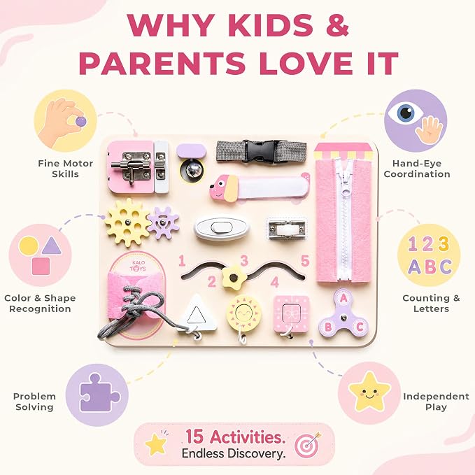 Montessori Busy Board for Toddlers, Wooden Sensory Toys, Preschool Learning Activities for Fine Motor Skills Travel Toy, Basic Life Skills Educational Gifts for 1 2 3 Years Old Kids Boys Girls