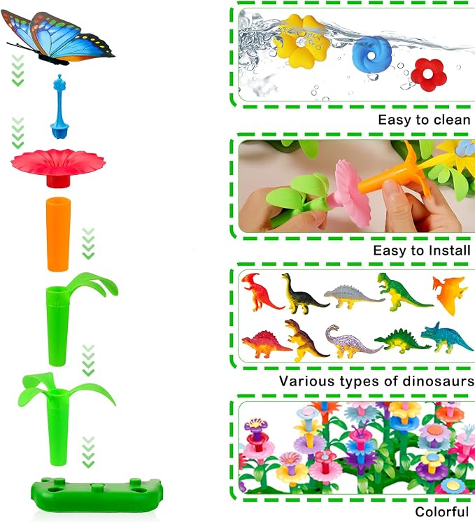 Toys Gifts for Age 2 3 4 5 6,167 PCS Dinosaur Flower Garden Building Blocks | STEM Fine Motor Skill Stacking Games for Toddlers, First 1st Birthday Gifts for Preschool Kids Boys Girls 2+ Years Old