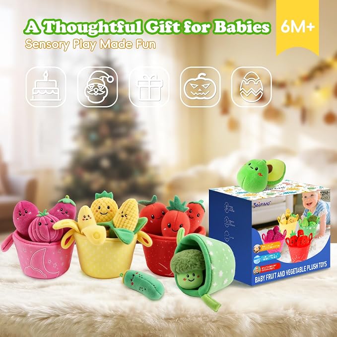 SAIMAND Baby Toys 6-12 Months,16PCS Montessori Plush Sensory Play Food Gift | Color Sorting Fruit & Vegetable Sensory Toys for Babies, Soft Play Food with Crinkle & Rattle,Gifts for 1-Year-Old Boys&Girls