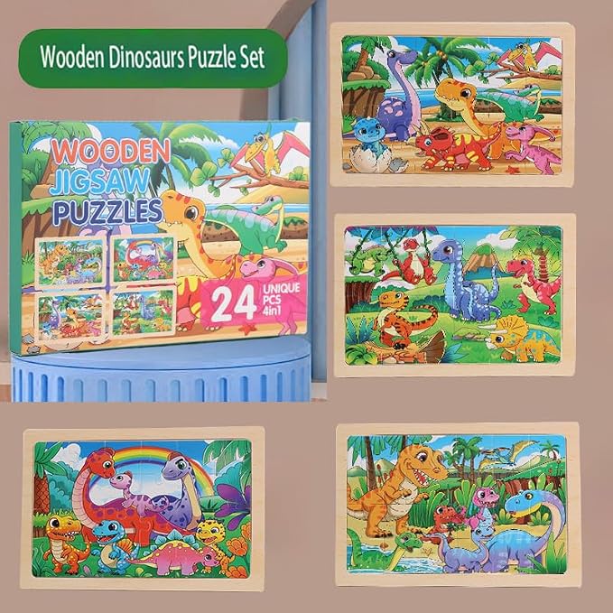 Wooden Puzzles for Kids 3-5, 4 Pack Dinosaur Jigsaw Puzzles for Toddlers, 24 Pieces Preschool Learning Activities, Learning & Educational Puzzles, Gift for Boys, Girls