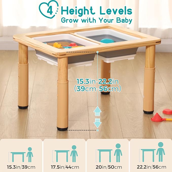 FUNLIO Wooden Sensory Table for Toddlers 1-5, 4-Level Height Adjustable Kids Activity Table with Anti-Warping Plywood Lid, Indoor/Outdoor Play Sand and Water Table, CPC Certified