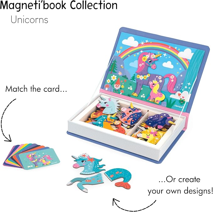 Janod - Magnéti'Book Unicornes - Magnetic Educational Game 44 Magnets + 10 Models - Children's Toy Made of Cardboard - Develops Dexterity and Imagination - Ages 3 and Above | Develops Dexterity and Imagination - Sturdy Cardboard - 10 Models Included - ...