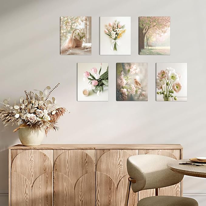 HOURIA 6Pcs Spring Flower Canvas Wall Art Set(8”x10”),Pink Green White Floral Botanical Wall Decor,Spring Nature Landscape Tulip Flowers Daisy Sparrow Art Prints for Farmhouse Living Room Bedroom Home