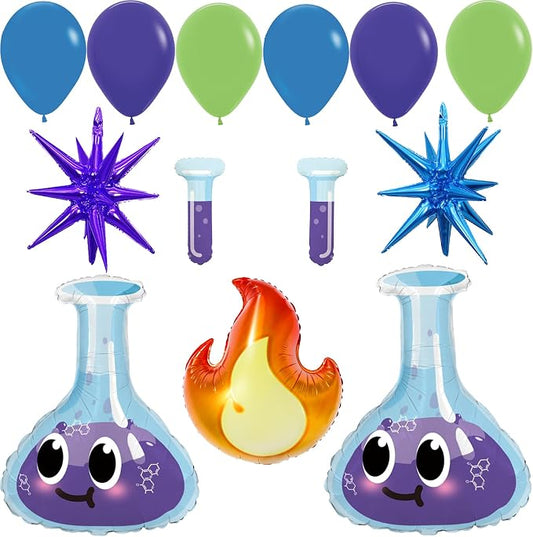 Science Experiment Party Decorations, Chemistry Lab Balloon Set with Beaker Flask Balloons, Fire/Explosion Star & Purple Blue Latex Balloons for Kids STEM Birthday, Mad Scientist Theme Party Supplies