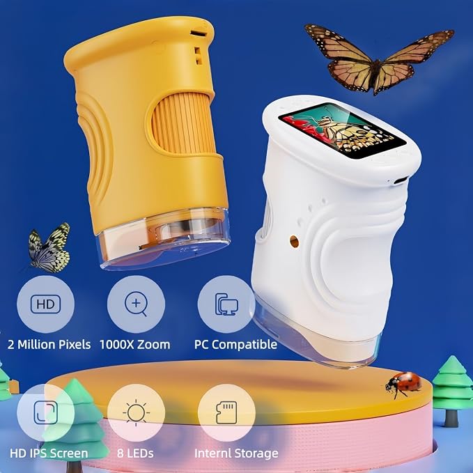 1000X Handheld Microscope, Wonder Quest Kids Digital Magnifying Glass, 4K 2.0" Screen, Portable Mini Pocket Microscope for Home School Lab, 2MP Camera, USB Export (Orange)