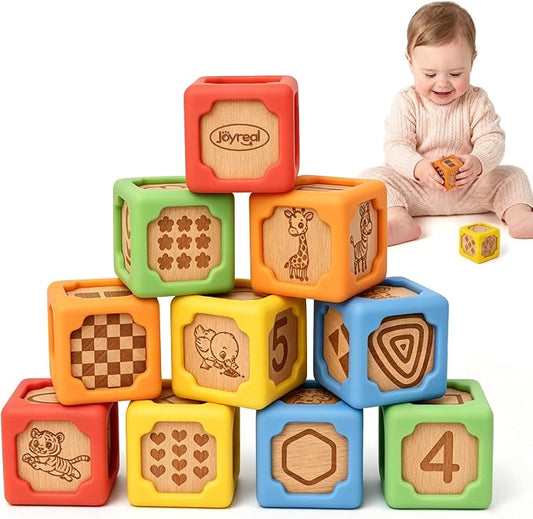 Joyreal Silicone Wooden Baby Blocks, 10PCS Montessori Stacking Blocks for Babies 6-18 Months, 1.7" Beech Wood Sensory Learning Toy with Animals, Numbers, Textures, Soft Chewable, Laser Engraved