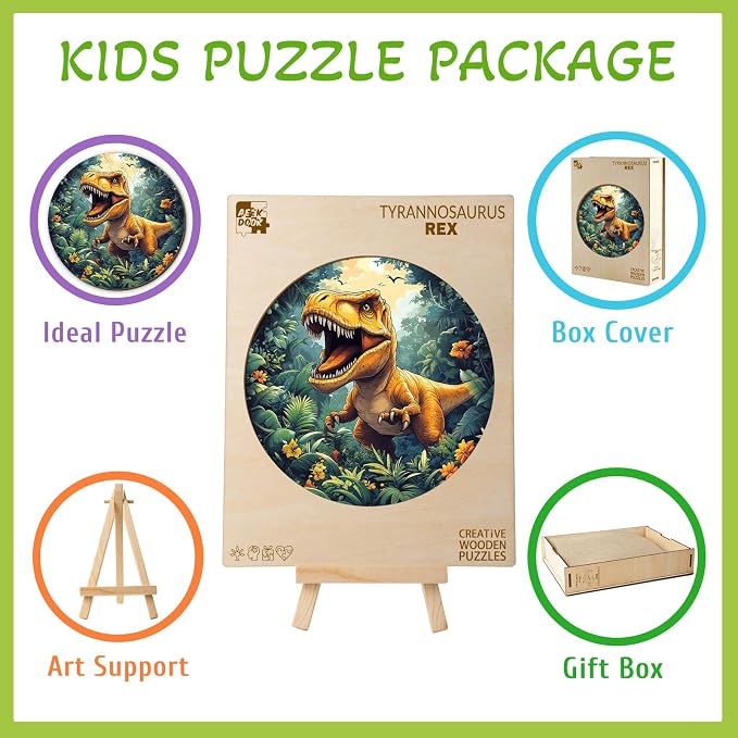 Wooden Puzzles for Kids - Dinosaur Tyrannosaurus Rex | 50 Piece Puzzles for Kids Ages 4-6 - Kids Puzzle with Unique Animal Shapes - Round Puzzles for Boys and Girls (11.4 * 11.4in)