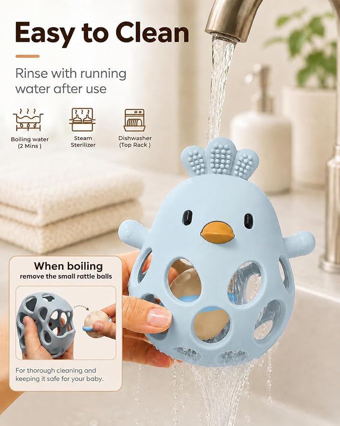 Tinabless 2-in-1 Baby Teething Rattle Toy, Easy Grip Silicone Teether for Babies 3-12 Months, BPA-Free Sensory Grasping Chew for Sore Gums, Infant Shower Gift (Blue w/Rattle)