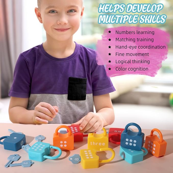 Dinhon Montessori Number Lock Key Toy Learning Game for 3-5 Years Old Kids | preschool educational toy Numbers Matching & Counting Game Boy and girl holiday gifts