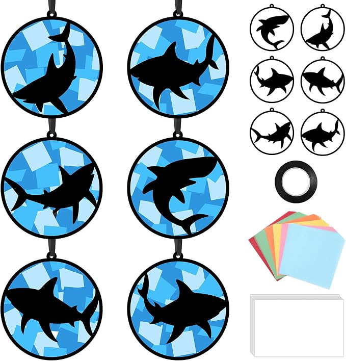 Qyeahkj 36 Set Shark Suncatchers Crafts Under the Sea Suncatchers Craft Ocean Fish Tissue Paper Kit Summer Fish Tissue Paper kit Window Hanging Decoration for Home Art Project Party Favor Gift
