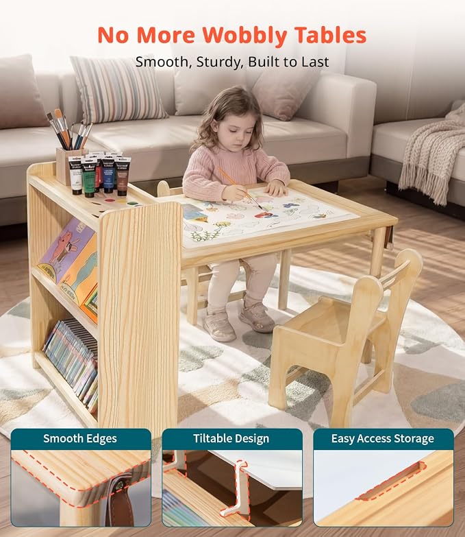 Kids Art Table and 2 Chair Set, Wooden Craft Table with Storage Shelves | Toddler Activity Desk for Creativity, Drawing, Learning & Playtime
