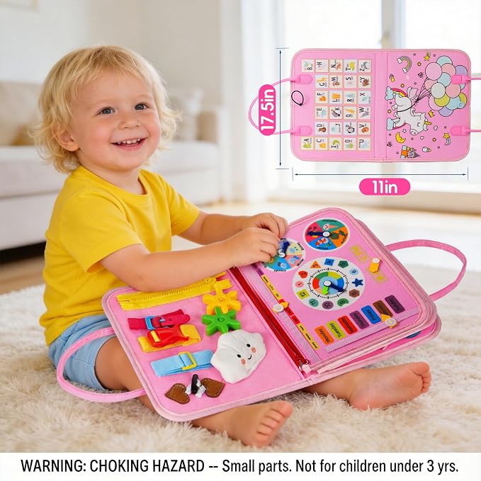 Montessori Busy Board for Toddlers – Sensory Busy Book with Buckles, Zippers, Letters, Animals, Toddler Activities – Fine Motor Skills Development Learning for Boys Girls Travel Activity