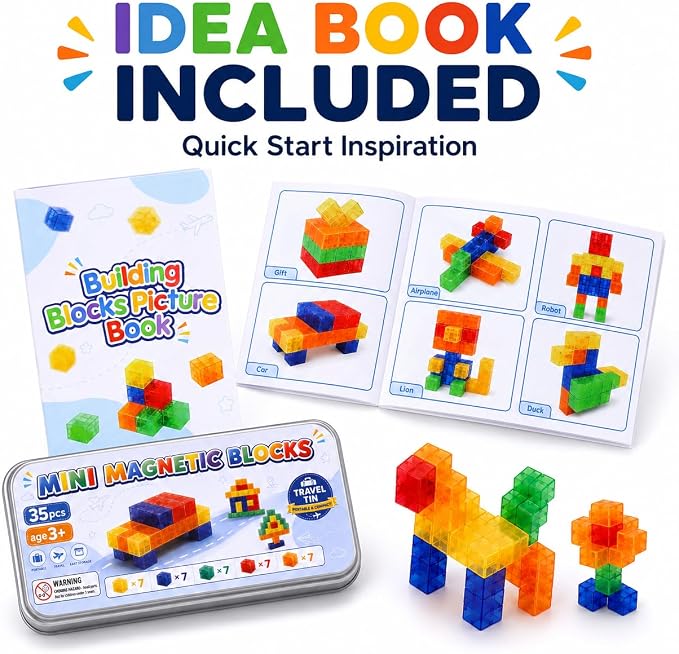 POSOUL 35-Piece Mini Magnetic Building Blocks Travel Set with Metal Storage Tin and Play Tray, Colorful Transparent Magnet Cubes, STEM Construction Toy with Idea Book for Kids Ages 3+