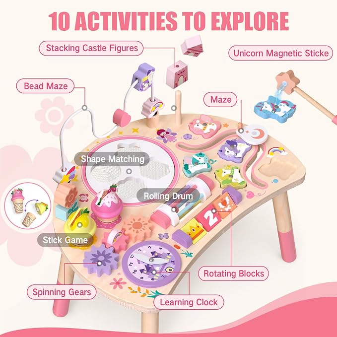 Wooden Activity Table, Montessori Busy Board for Toddlers 1-3 | Unicorn 10-in-1 Sensory Learning Toy with Bead Maze, Shape Matching, Gears, Clock — Birthday Gift for 1 2 3 Year Old Kids