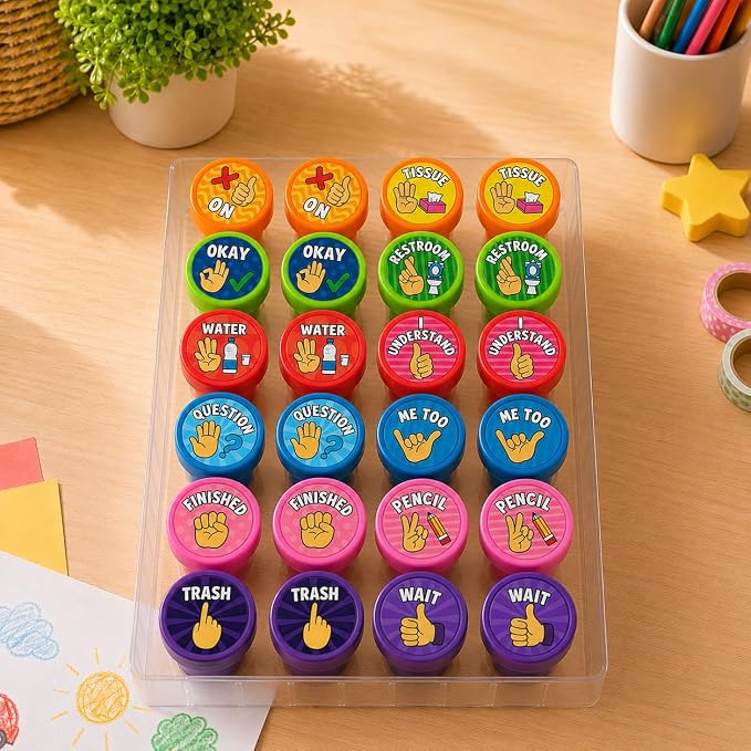 Cinrobiye 24 Pcs Hand Signal Stampers for Kids, Cute Classroom Communication Stamps, Teacher Tools, Classroom Rewards, Behavior Management, Party Favors, Goodie Bag Fillers, Small Toys