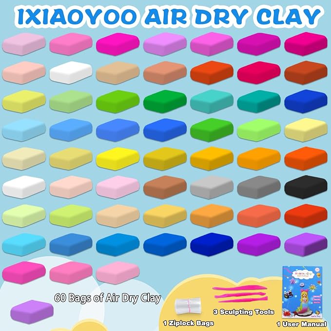 Ixiaoyoo Air Dry Clay, 60 Colors Foam Modeling Clay for School Projects | Safe & Non-Toxic, Soft, Non-Sticky, DIY Model Crafts Kids Toys for Home Party Favors, Birthday Gifts for Aged 3–12 Boys Girls