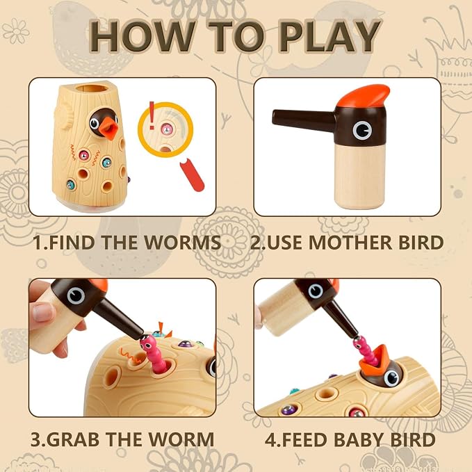 TOP BRIGHT Montessori Toys for 2 Year Old Gift, Magnetic Bird Feeding Game | Builds fine motor skills, Toddler sensory toys age 2-4, Woodpecker Worms Toy, Hand-eye coordination, Non-toxic Wood