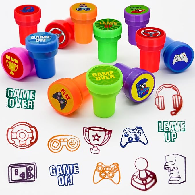 Cinrobiye 24 Pcs Video Game Stampers Party Favor Set, Cute Gaming Stamps for Kids Birthday Party, Classroom Rewards, Arcade Game Prizes, Goody Bag Fillers, Gamer Themed Party Supplies
