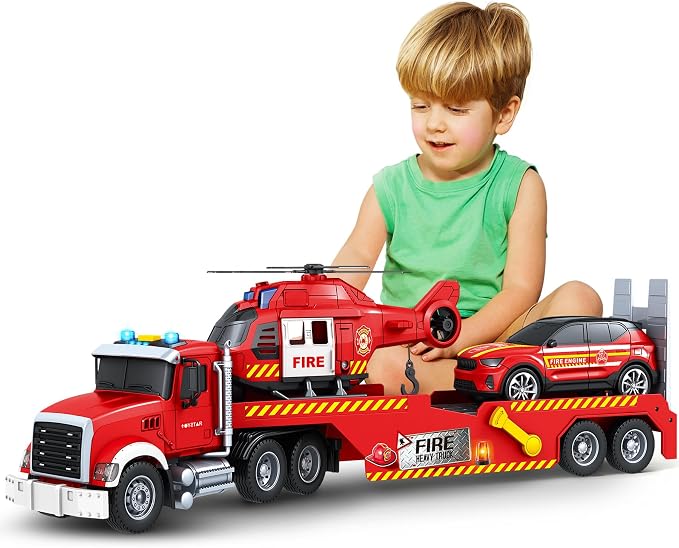 Bstoyder Toddler Boy Toys for 3 4 5 6 7 Years Old Kids, 21" Semi Fire Truck Toy with Racing Car and Helicopter, Friction Powered Toys with Lights and Sounds, Birthday for Boy Girls