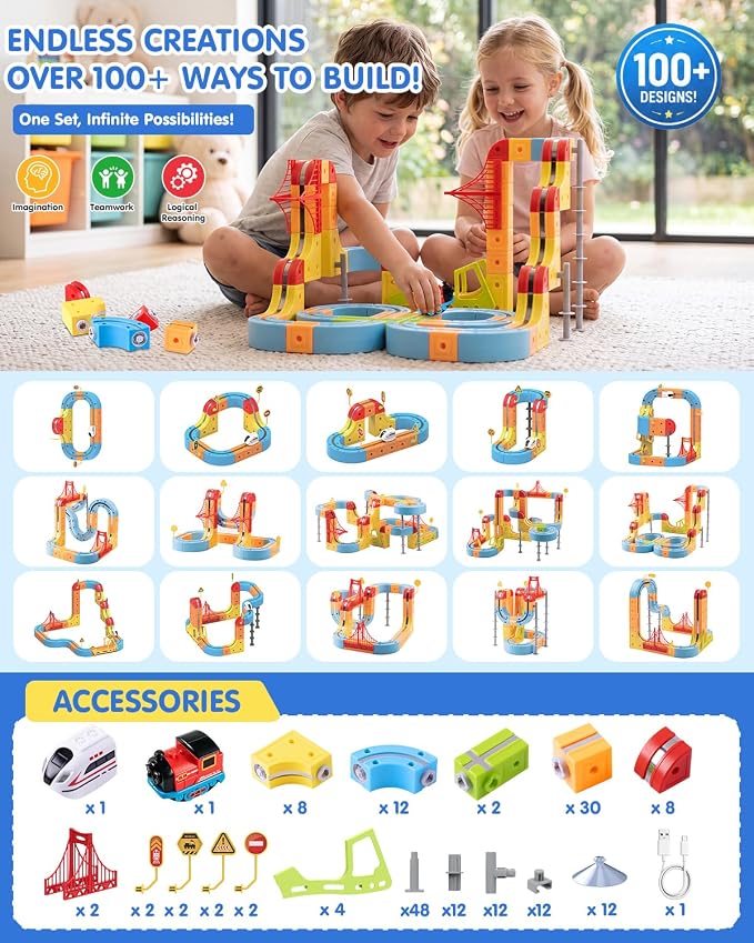 Magnetic Electric Train Set: Self-Assembly for Kids | 175Pcs DIY Flexible Anti Gravity Race Track Set with Electric Cars - STEM Building Toys Birthday Gift for Boys Girls 5-10