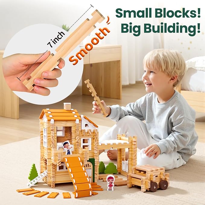 Jovi-mindly＆Notchies New 206 PCS Wooden Blocks Wooden Toys with House and Car, Preschool Learning Toys Wood Blocks Building for Kids Ages 4-8 Creative Construction Game,Birthday Toys Gifts