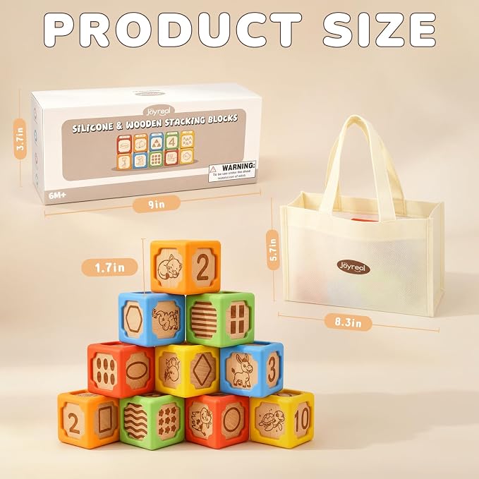 Joyreal Silicone Wooden Baby Blocks, 10PCS Montessori Stacking Blocks for Babies 6-18 Months, 1.7" Beech Wood Sensory Learning Toy with Animals, Numbers, Textures, Soft Chewable, Laser Engraved