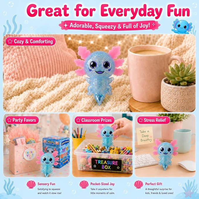 Axolotl Squishy Stress Ball, Soft TPR Slow Rising Squeeze Toy, Cute Axolotl Fidget Toy for Stress Relief, Anxiety Calming Sensory Toy for Kids Adults(Blue BigEars Axolotl)