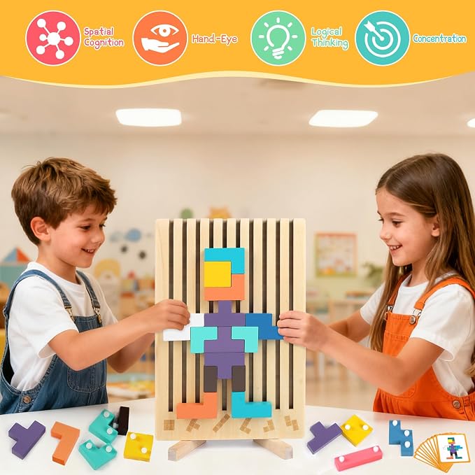 Wooden Stacking Puzzle Board, Montessori Brain Blocks for Kids Ages 3-8 | DIY Wooden Board Puzzle Game, 3D Russian Block Game, STEM Educational Toys, Boy & Girl Gifts for Birthday & Christmas
