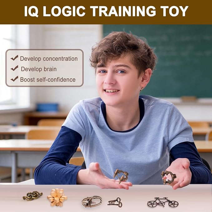 32 Pcs Brain Teaser Puzzles Set for Adults Kids – Wooden & Metal 3D IQ Game, Challenging Disentanglement Logic Puzzles, Family Party Favor Portable Travel Pouch Set