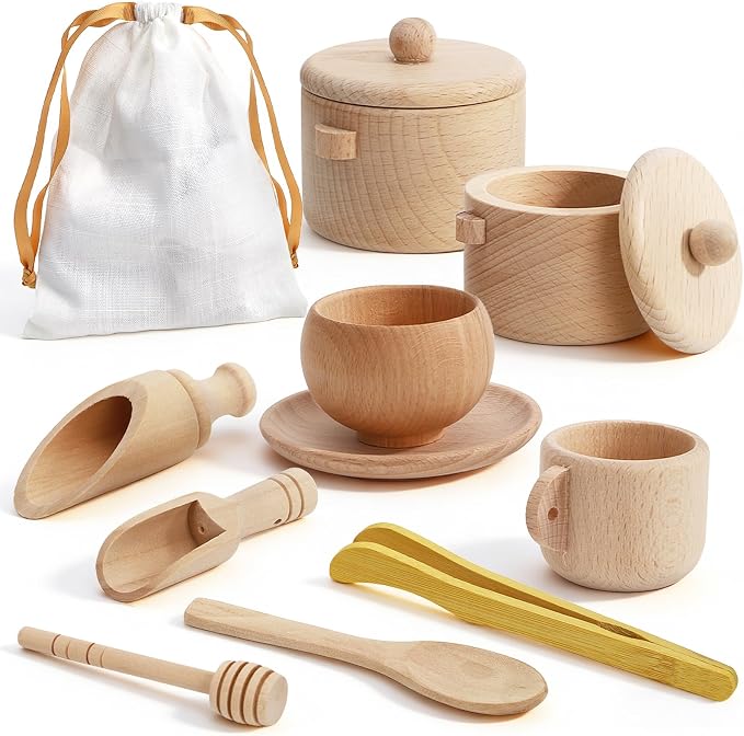 Hiceeden Set of 11 Wooden Sensory Bin Tools for Kids, Sensory Scoops and Tongs Toys with Bag, Waldorf Montessori Toys for Fine Motor Skill Learning