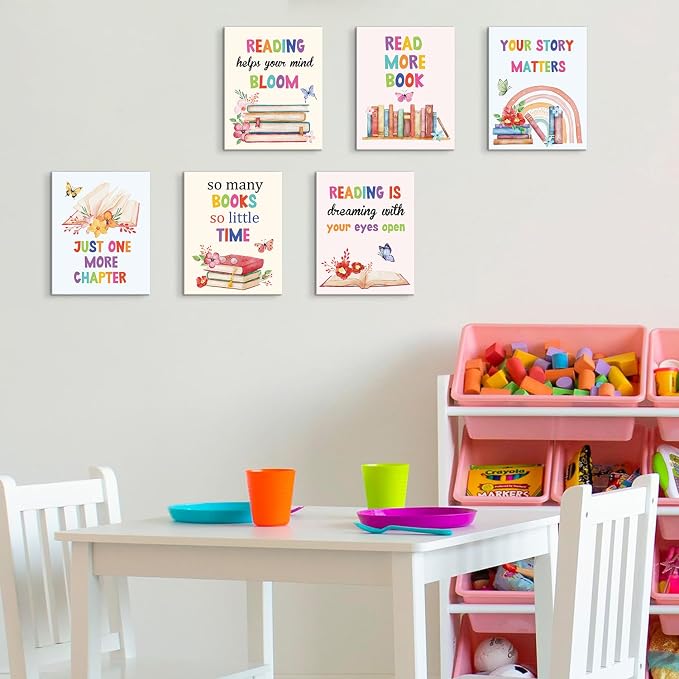 HOURIA 6Pcs Framed Classroom Reading Corner Canvas Wall Art(8"x10"),Inspirational Classroom Library Poster Wall Decor, So Many Books So Little Time Art Print for Nursery Middle School Student