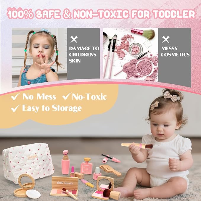 Wooden Pretend Play Makeup for Toddlers 1-3,100% Safe & Non Toxic | Natural Wood,Mess Free,Sparks Imagination,Montessori Toy Builds Fine Motor Skills,Birthday Gift For 1-3 Year Old Girls
