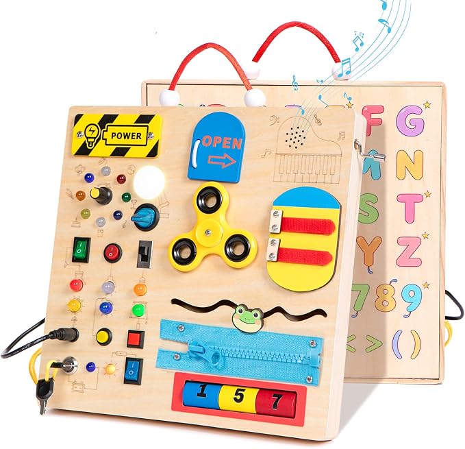 Wooden Busy Board Montessori Toy for Toddlers,Educational Learning Toy for 1 2 3 Year Boys & Girls,Sensory Activity Board with LED Light & Music Boxes, Travel Toys for Kids Birthday Gift