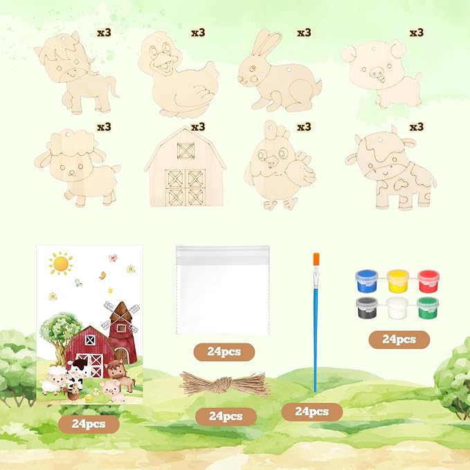 24 Pcs Farm Animals Party Favors Wooden Paint Craft Kits | Farm Theme Birthday DIY Activity, Animal Shapes with Barn,Organza Bags for Goodie Bag Fillers