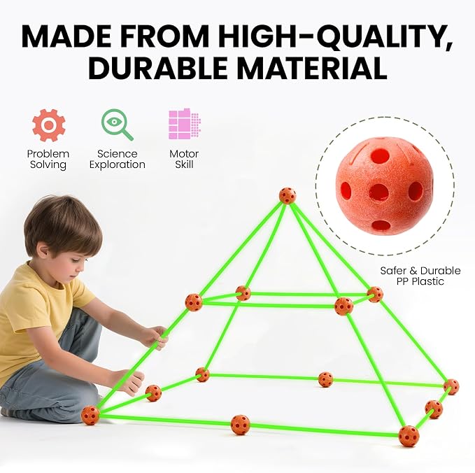 Tiny Land Glow Fort Building Kit for Kids Ages 4-12, STEM Building Toy | 86 Glow-in-the-Dark Rods & 44 Balls, Builds Forts, Tunnels & Castles, Indoor/Outdoor Play, Storage Bag, STEM Gift for Kids