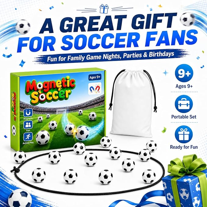 Soccer Magnetic Game with String, 20 Football-Shaped Stones, Strategy Puzzle Board Game for Kids and Adults, 2 Player Tabletop Game for Family Game Night, Travel, Camping, Parties