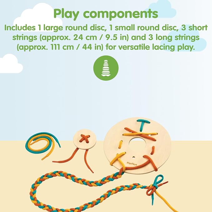 PlanToys® Lacing Boards | Wooden Lacing Toy for Toddlers 12M+ | Develops Fine Motor Skills, Hand-Eye Coordination & Problem-Solving | Includes 2 Discs & 7 Strings for Interactive Play