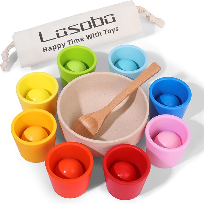 Rainbow Balls in Cups Toddler Montessori Toys (8 Balls, 1.4 in) | Color Sorting Toys for Toddlers for 3 Year Old Up, Learning Color Sorting and Counting, Kids Preschool Wooden Matching Games