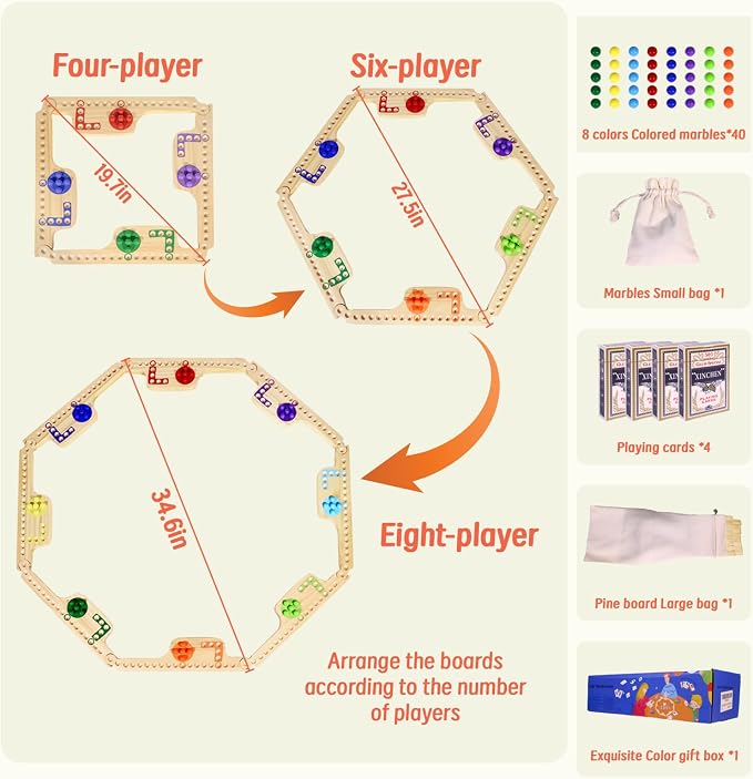 Jokers and Marbles Board Game Wooden Pegs and Jokers Game 2-8 Players | 8 Wood Game Boards 8 Colors 40 Marbles 4 Decks of Cards Instructions Family Tabletop Game Gift for Adults and Families