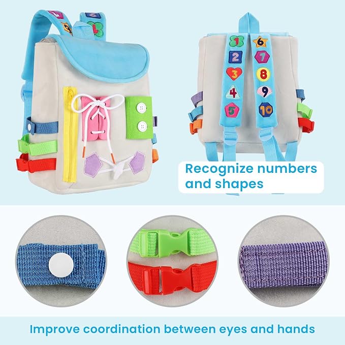 Busy Board - Toddler Backpack with Buckles and Learning Activity Toys - Develop Fine Motor Skills and Basic Life Skills - Learn to Tie Shoes - Children's Travel Toy (Grey)