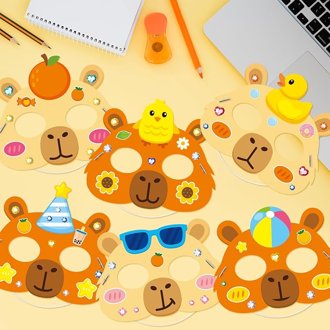 WATINC Capy Theme Bara Mask - 24pcs Make Your Own Cartoon Animal Foam Mask Craft Kit for Kids, Capy Character DIY Set with Diamond Stickers for Birthday Cosplay Party Supplies Photo Prop Boys Girls