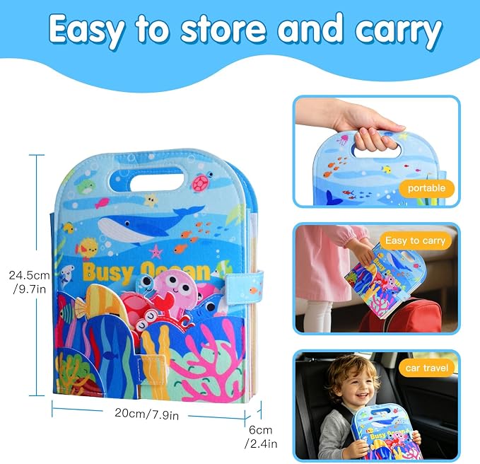 Travel Toys for Toddlers,Ocean Busy Book for Toddlers 1-3, Felt Activity Book, Busy Board for 1 Year Old Girls Montessori Toys, Quiet Book FineMotor Skills Learning Toys,Gifts for Children