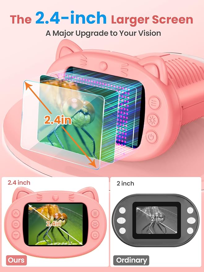 Microscope for Kids, 2.4 Inch Digital Microscope with 1000X Magnification, Handheld Camera Mini Pocket Magnifying Glass, Educational Birthday Gifts Toys for Ages 3+, Pink