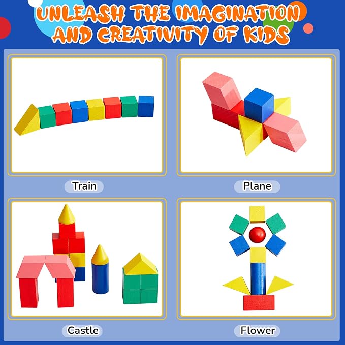 Deekin 70 Pcs Wood Geometric Solid Mini 3D Shape Wooden Building Block Bul | Montessori Stacking Toy Manipulatives Elementary Block for Preschool Learning Geometry Math Kindergarten Teaching Classroom