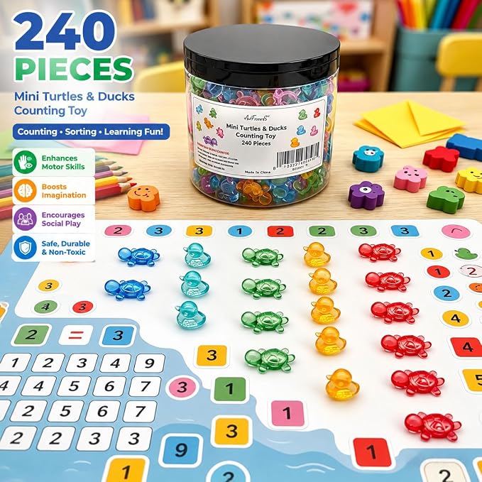 240PCS Translucent Counting Toys for Preschool with Storage Box | Turtle & Duck Sorting Manipulatives, Montessori Math Counters, Sensory Bin Fillers, Classroom Learning Toys for Toddlers